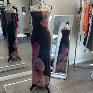 Floral Dark Brown and Pink Maxi Orchid Dress